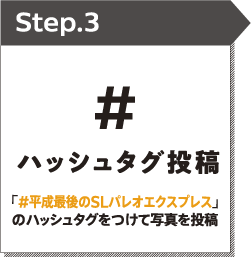 STEP3 ハッシュタグ投稿 「#平成最後のSLパレオエクスプレス」のハッシュタグをつけて写真を投稿